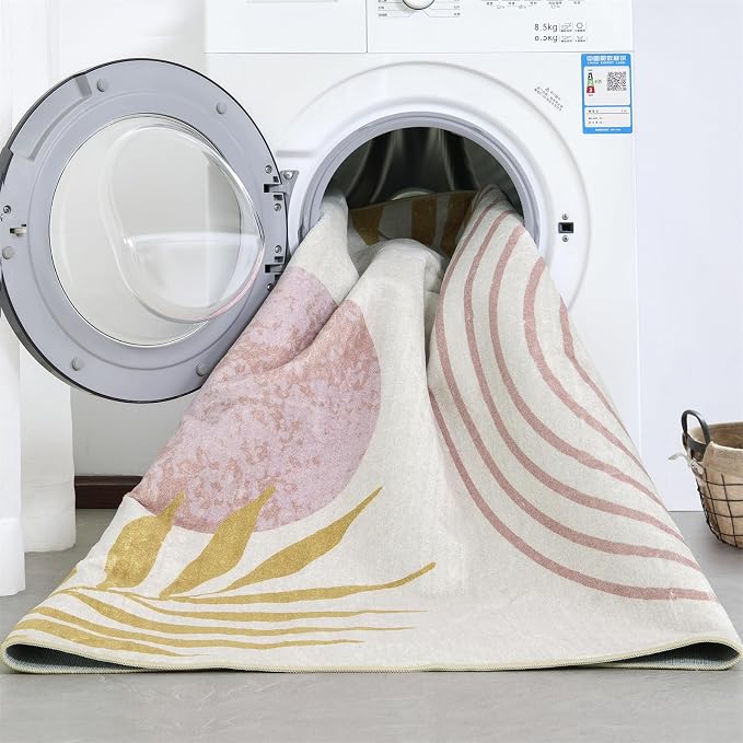 RoomTalks Cute Pink Nuresry Rug Washable, Boho Modern Contemporary Aesthetic - Image 6