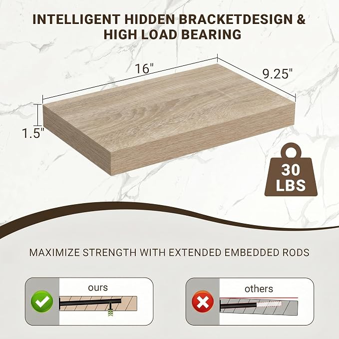 Acovy 16 Inch Floating Shelves, 3D Textured Wood Grain, Wooden Shelves - Image 3