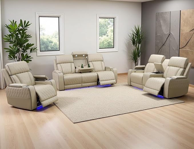 Power Recliner Sofa Set, Living Room Furniture Sets, Leather Reclining Sofa Set - Image 9