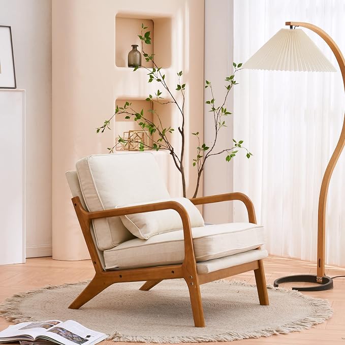 VINGLI Fine Linen Beige Comfy Accent Chair, Mid Century Modern Lounge Armchair - Image 9