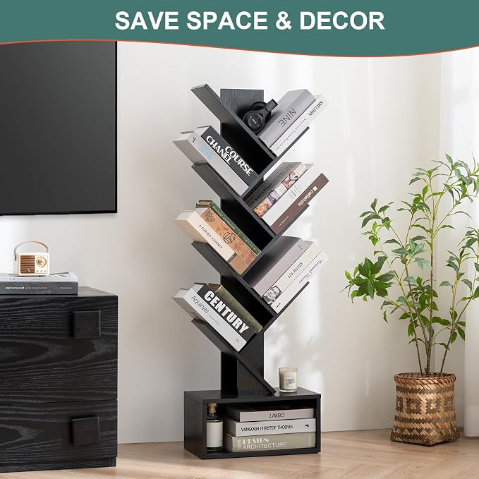 Yoobure Tree Bookshelf, 6 Tier Small Book Shelf Retro Floor Standing Bookcase - Image 4