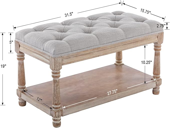Farmhouse Storage Bench Wooden Entryway Linen Upholstered Ottoman Button Tufted - Image 2