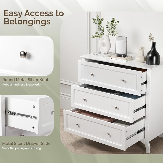 VINGLI White Dresser 3 Drawer Chest of Drawers - Image 6