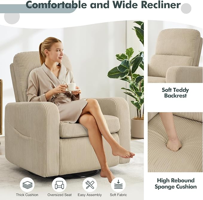 Swivel Rocker Recliner, Oversized Manual Nursery Glider Rocking Recliner Chair - Image 8