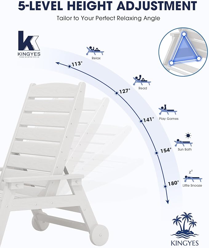 KINGYES HDPE Lounge Chair Outdoor Set of 2, Patio Chaise Lounge Recliner - Image 3