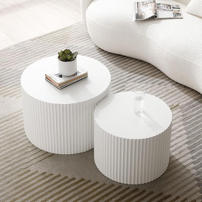 White Round Coffee Table Nesting Coffee Table Set of 2 Contemporary Circle - Image 3