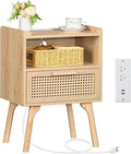 Lerliuo Rattan Nightstand with Charging Station, Boho Side Table with Drawer by Lerliuo