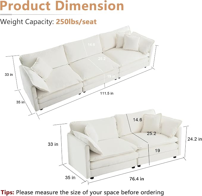 mikibama Luxury Oversized 3 Piece Sofa Set, 2 Pieces of 2 Seater and 1 Piece of - Image 2
