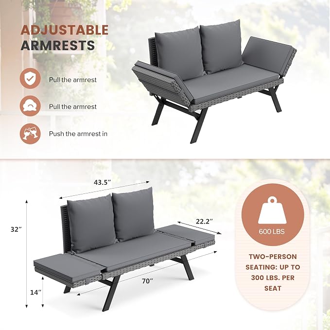 Flamaker Outdoor Convertible Sofa, Woven Rattan Patio Furniture Sunbed - Image 7