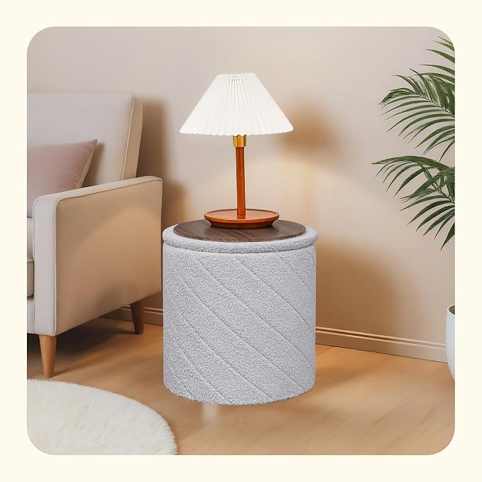 PINPLUS Ottoman with Stroage Round Boucle Ottoman and Tray Sherpa Removable - Image 2