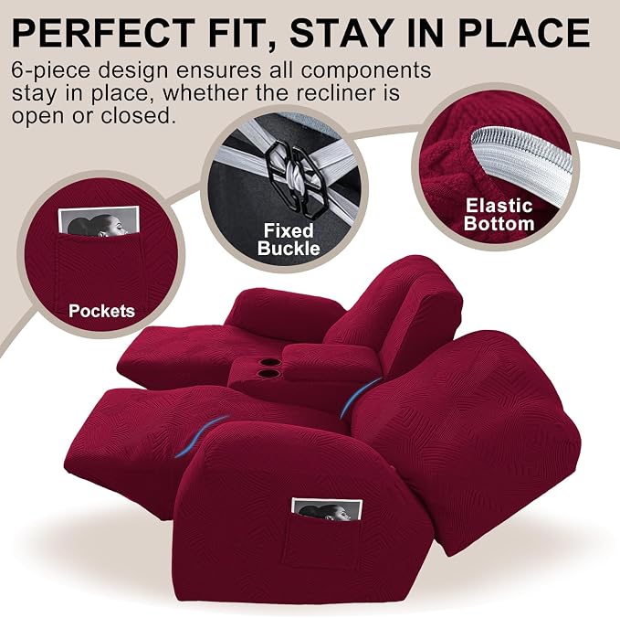 Recliner Loveseat Covers with Console, 6-Piece Stretch Geometric Strokes - Image 4