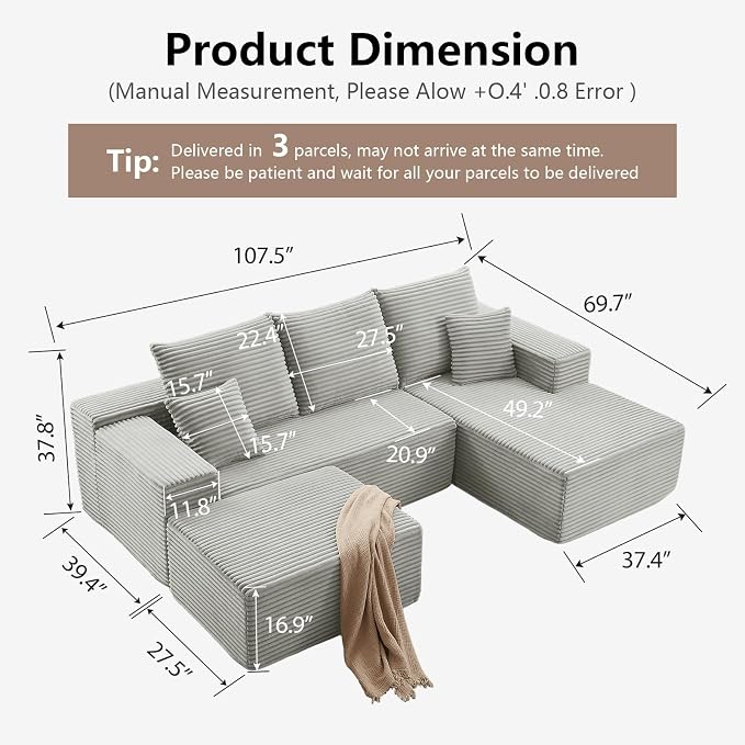 107" Comfy U-Shaped Sectional Modern Boneless Corduroy Couch - Image 2