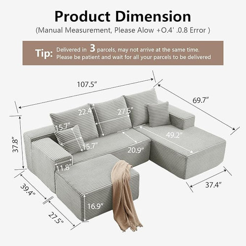 107" Comfy U-Shaped Sectional Modern Boneless Corduroy Couch - Image 2