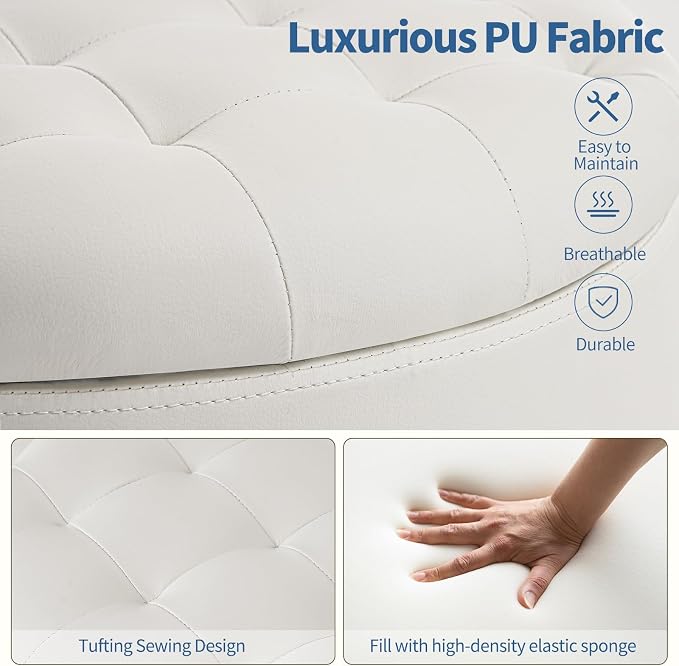 Furniliving Upholstered Button Tufted Round Ottoman, PU Storage Ottoman Round - Image 9