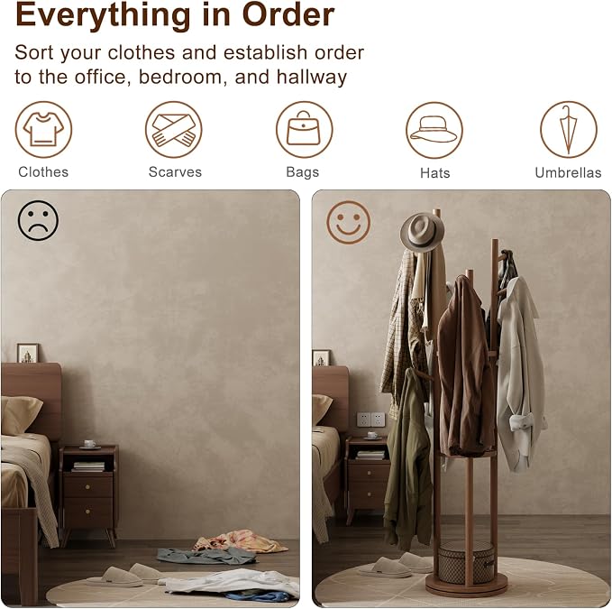 Muwuele Solid Wood Rotary Coat Rack, Freestanding Coat Rack - Image 6