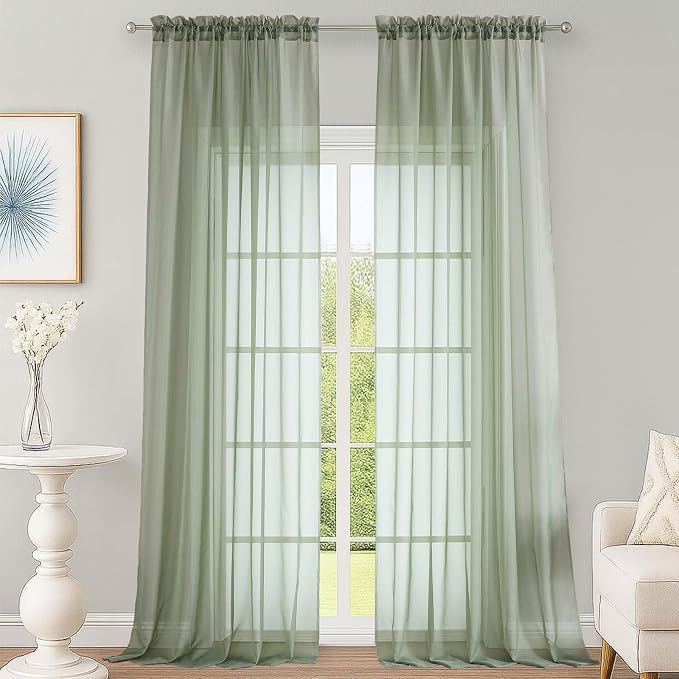 OWENIE Sage Green Sheer Curtains 108 Inches Long by OWENIE