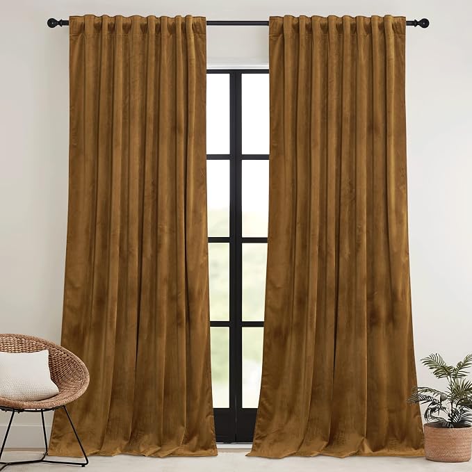 RYB HOME Brownish Gold Velvet Curtains 96 inch, Retro Vintage Room Darkening - Image 2