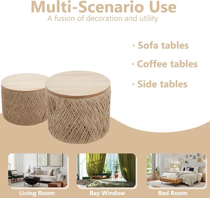 Kmax 24" Round Wood Nesting Coffee Table Set of 2 Handcraft Woven & Rope Rattan - Image 6