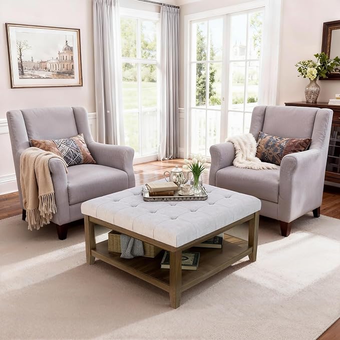 ABHENG 31.5” Large Square Storage Ottoman, Upholstery Solid Rubberwood Coffee - Image 8
