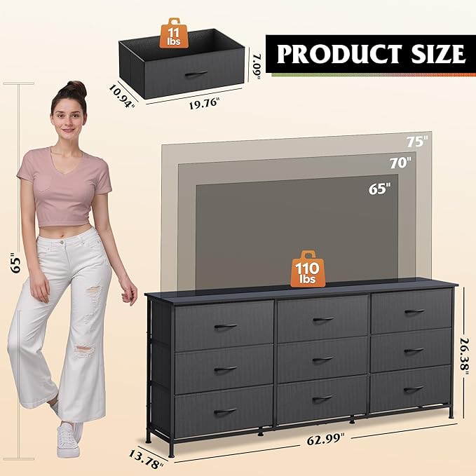WLIVE 63''W Dresser for Bedroom, 75 inch TV, Wide Chest of Drawers - Image 3