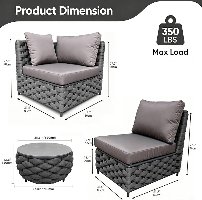 TWT Dark Gray 6-Piece Modular Outdoor Sectional Sofa Set, 5-Seater Woven Rope - Image 2