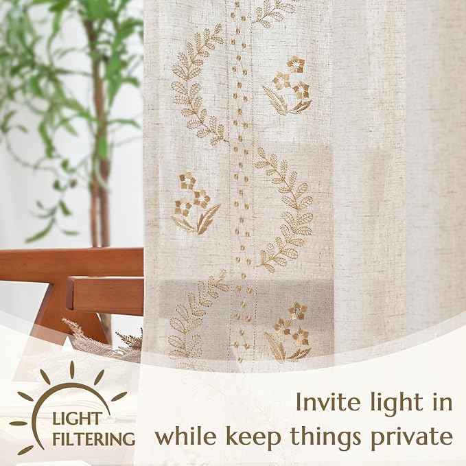 jinchan Belrose Linen Curtains for Bedroom Floral Curtains 63 Inch Length Linen - Image 5