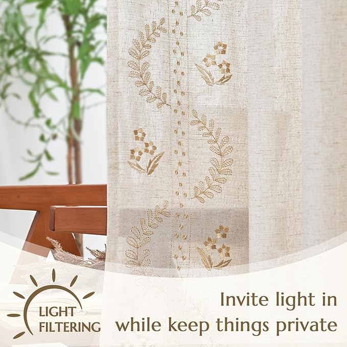 jinchan Belrose Linen Curtains for Bedroom Floral Curtains 72 Inch Length Linen - Image 5