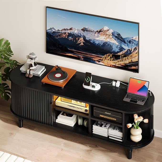 TV Console with Power Outlet-55" Entertainment Center with Sliding Tambour Door - Image 7