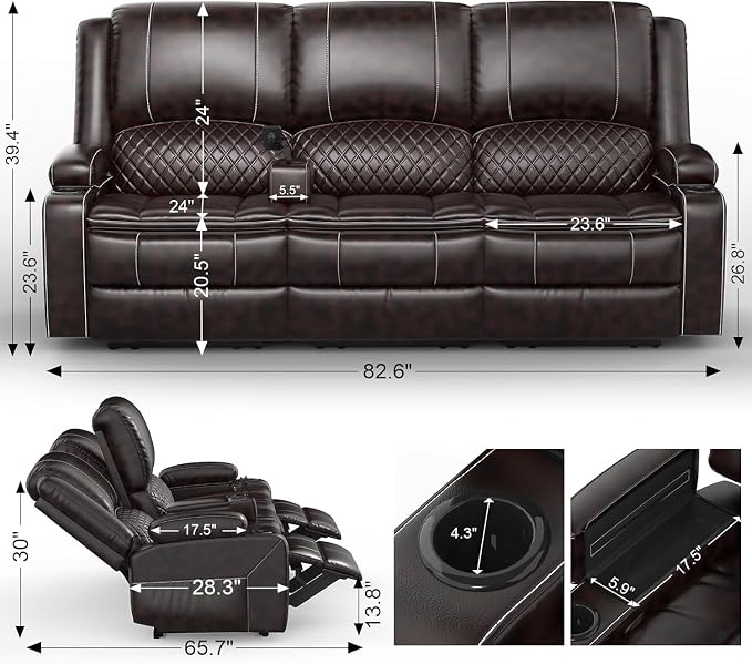 Yolsali 3-Seater Recliner Sofa, Manual Reclining Couch - Image 2