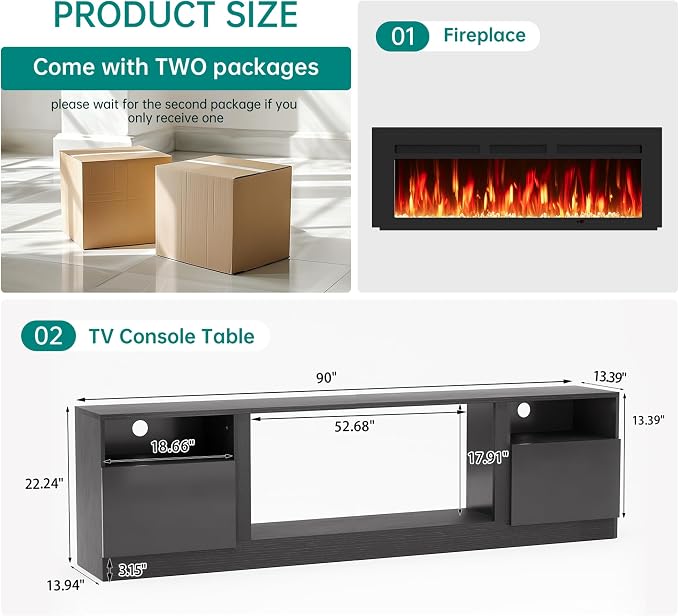 oneinmil 90” TV Stand with 50” Electric Fireplace, Large Modern Media - Image 2