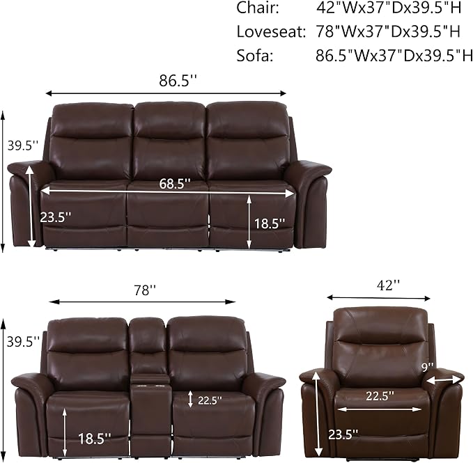 Breathable Leather Power Recliner Sofa Set, 3 Piece Living Room Furniture Set - Image 2