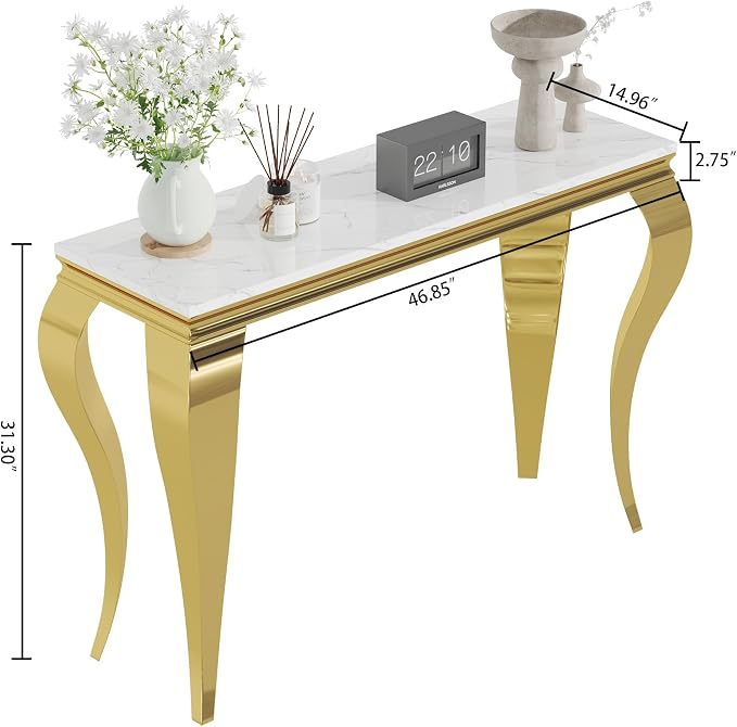 Henf 47" Marble Console Table Entryway Table Modern White Faux Marble Accent - Image 2