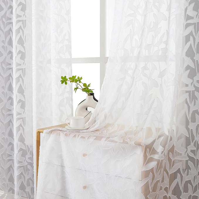 Lecloud Leia White Sheer Curtains 72 Inches Long 2 Panels, Jacquard Texture - Image 7