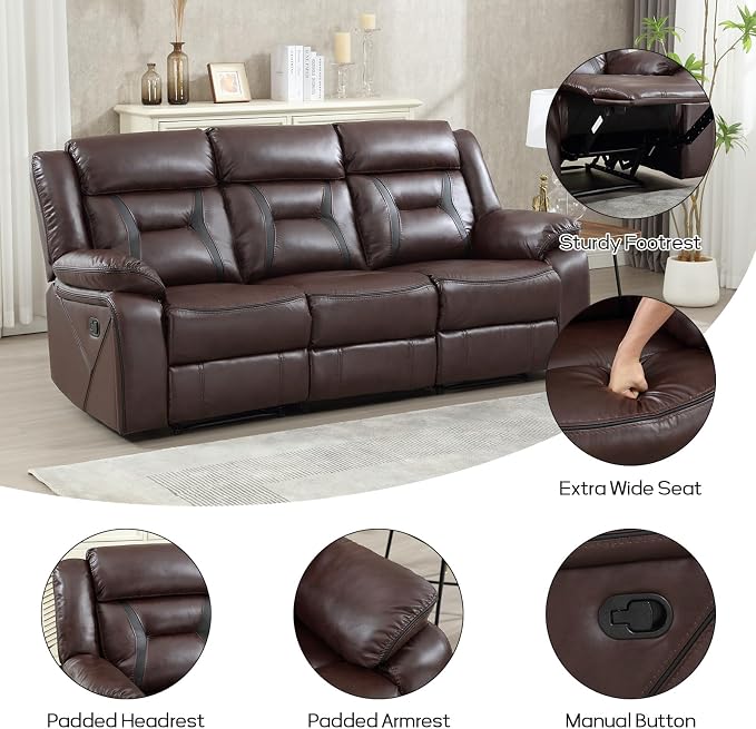 EBELLO Manual Recliner Sofa Set, Faux Leather Reclining Living Room Furniture - Image 3