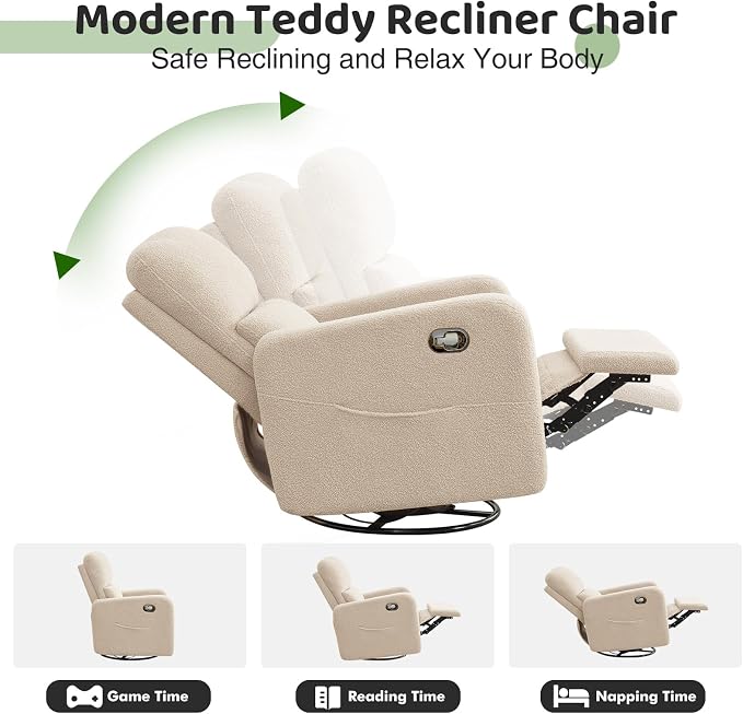 Swivel Rocker Recliner, Oversized Manual Boucle Nursery Glider Rocking Recliner - Image 8