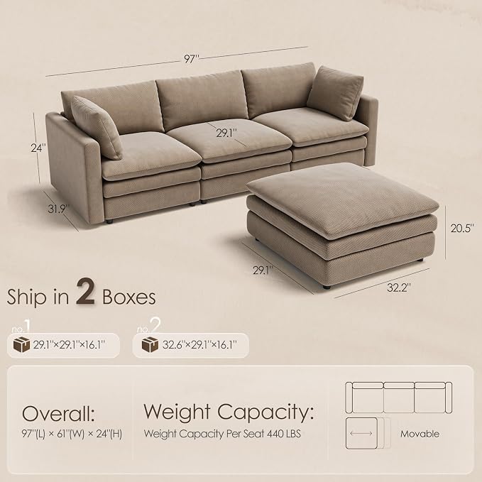 97" Cloud Couches for Living Room, 29.1" Deep Seat Modular Sectional Sofa - Image 2