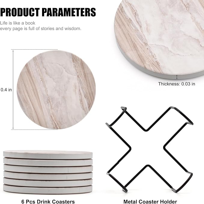 6Pcs Drink Coasters with Holder, Marble Style Ceramic Drink Coaster, Absorbent - Image 2