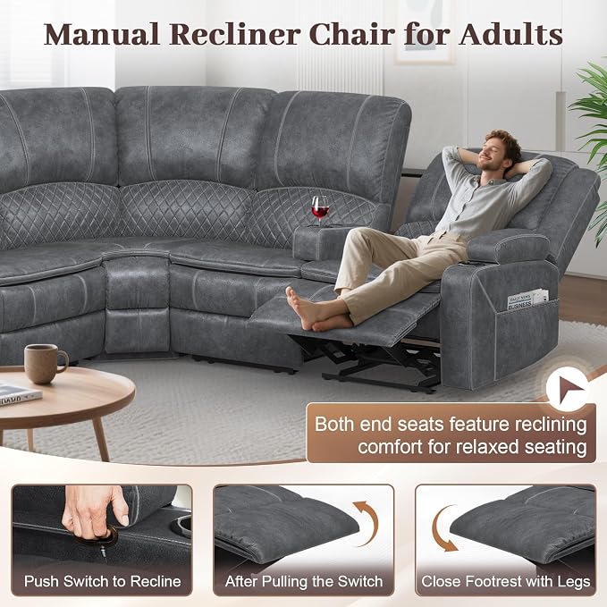 Yolsali Manual Reclining Sectional Sofa Set, 5 Seats Soft Dutch Velvet Recliner - Image 5