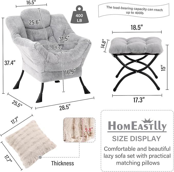Lazy Chair with Ottoman, Large Light Grey Accent Chair with Ottoman and FA - Image 3