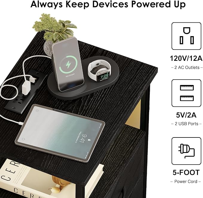 Fixwal Night Stand with Charging Station, LED Nightstand with U-S-B Ports and - Image 5