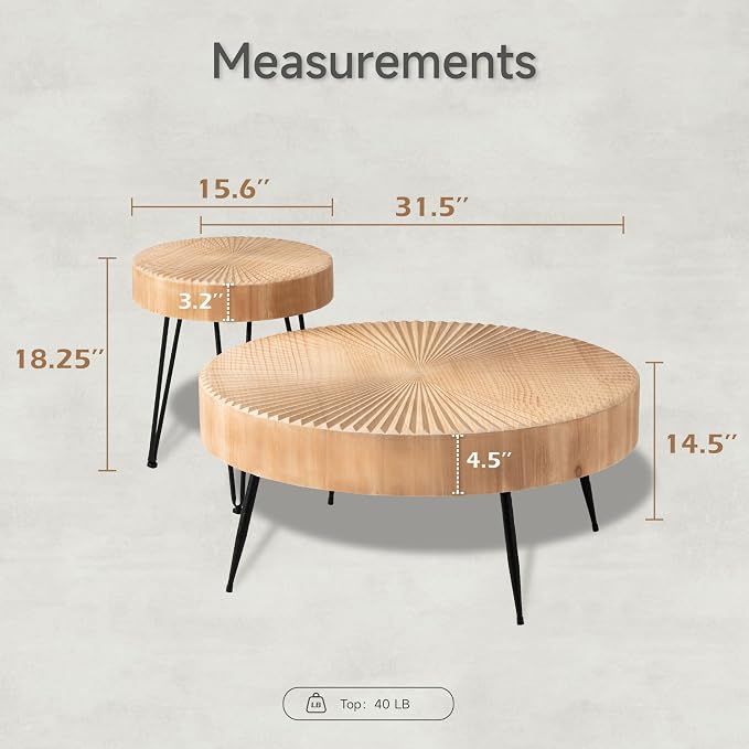 COZAYH 2-Piece Round Nesting Coffee Table Set, Natural Wood Top - Image 3