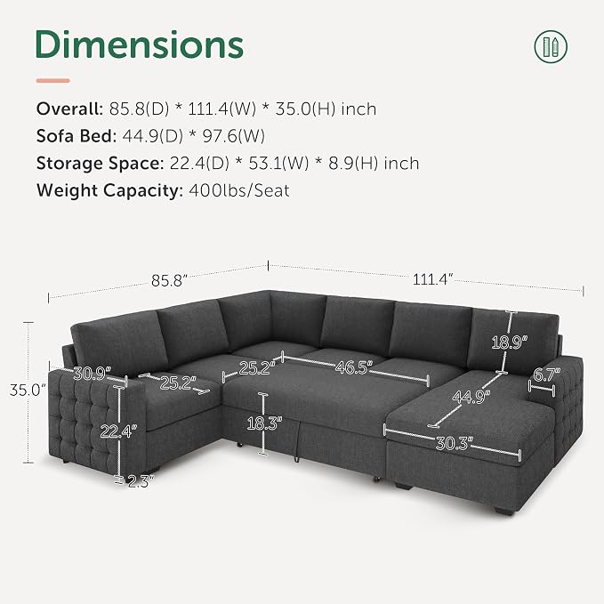 HONBAY Sectional Couch with Pull Out Bed, U-Shaped Sectional Sleeper Sofa with - Image 2