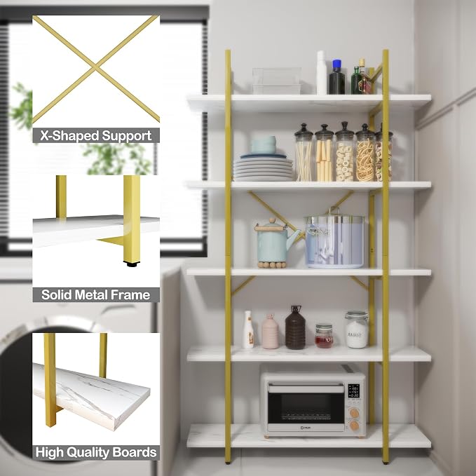 5 Tiers Bookshelf Organizer White Faux Marble Shelf, Modern Open Display - Image 4