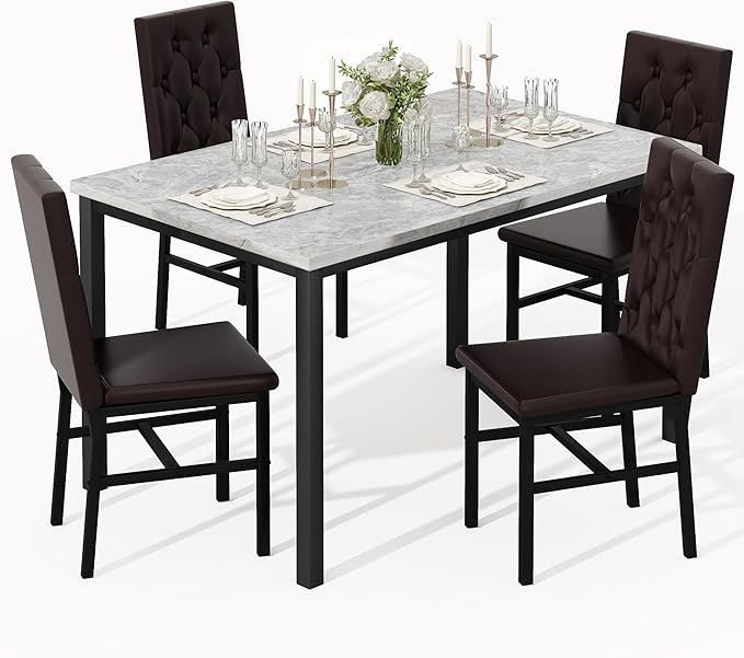 Hooseng Dining Table Set for 4, Faux Marble Small Kitchen Table Chairs Set of 4 by Hooseng