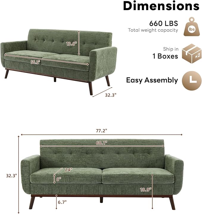 Kingfun 77.2" W Loveseat Sofa, Mid Century Modern Decor Love Seat Couches - Image 2
