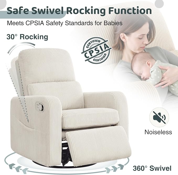 Swivel Rocker Recliner, Oversized Manual Nursery Glider Rocking Recliner Chair - Image 3