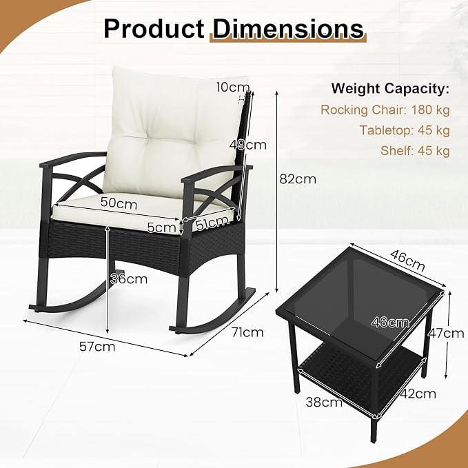Tangkula 3 Pieces Outdoor Rocking Chairs Set, Rattan Heavy Duty Cushioned - Image 6