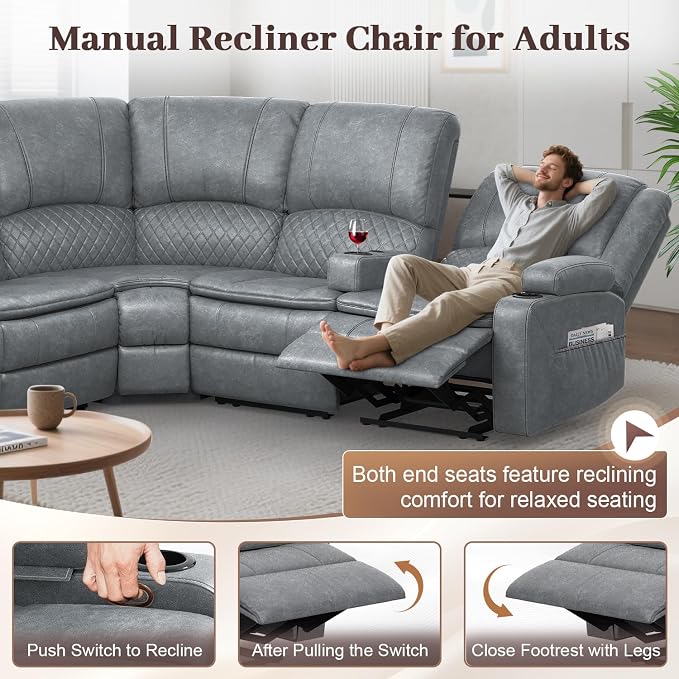 Yolsali Manual Reclining Sectional Sofa Set, 6 Seats Soft Leather Recliner - Image 6