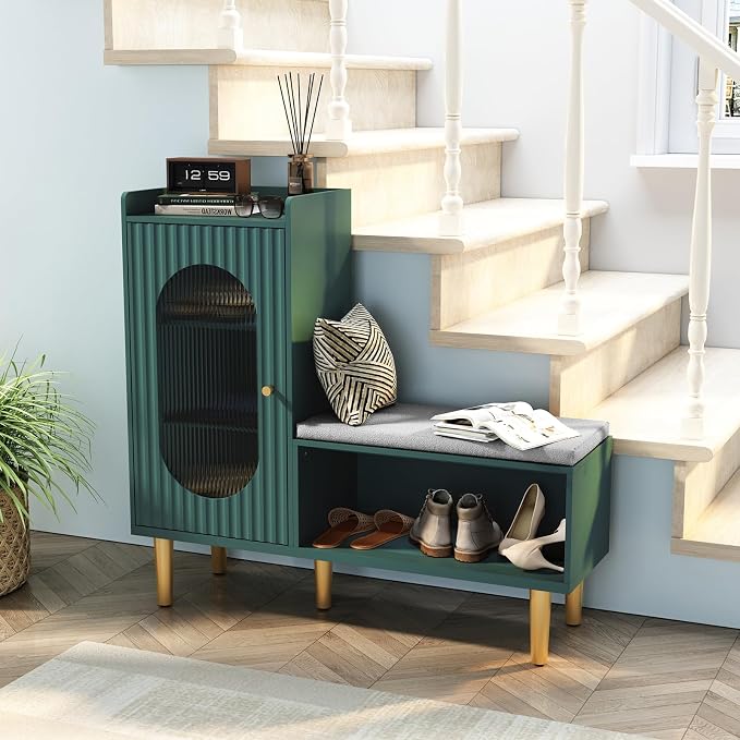 HLR Storage Bench with Glass Door&Shelf, Modern Entryway Shoe Cabinet Bench - Image 3