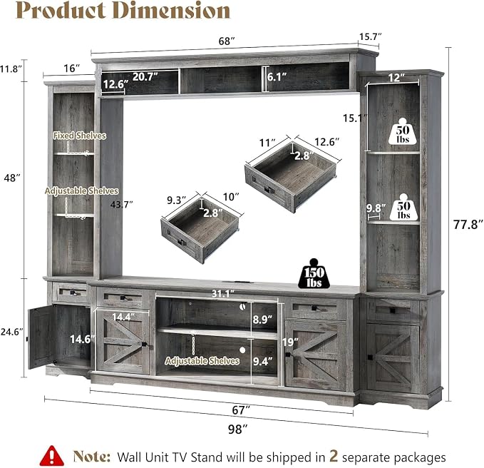 AMERLIFE 98" Farmhouse Entertainment Center Fits 75" TVs, Wall Unit - Image 2